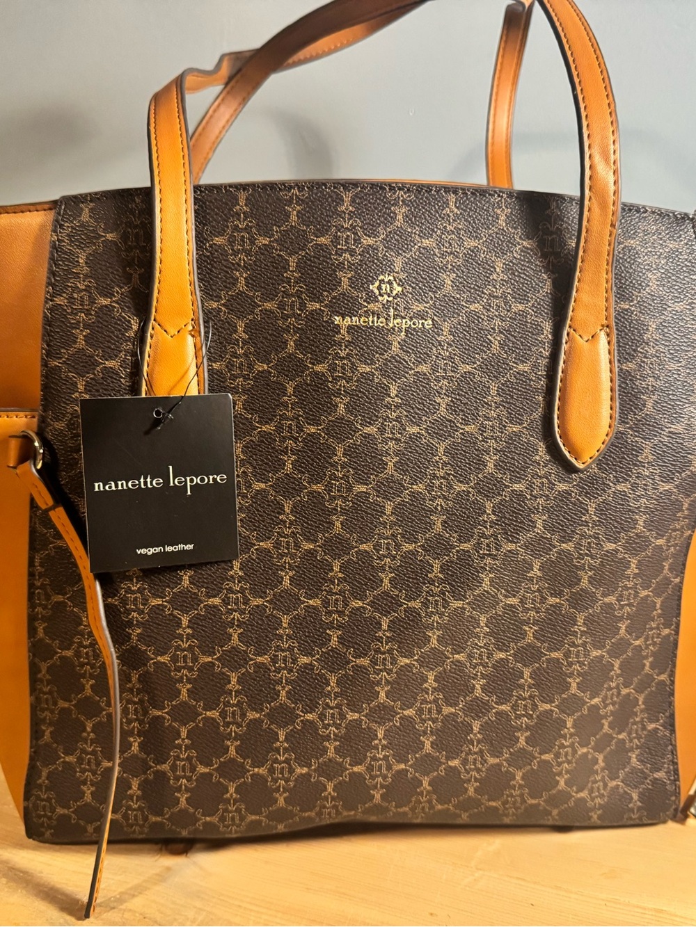 Nanette Lepore Brown & Tan Monogram Tote with Gold Logo